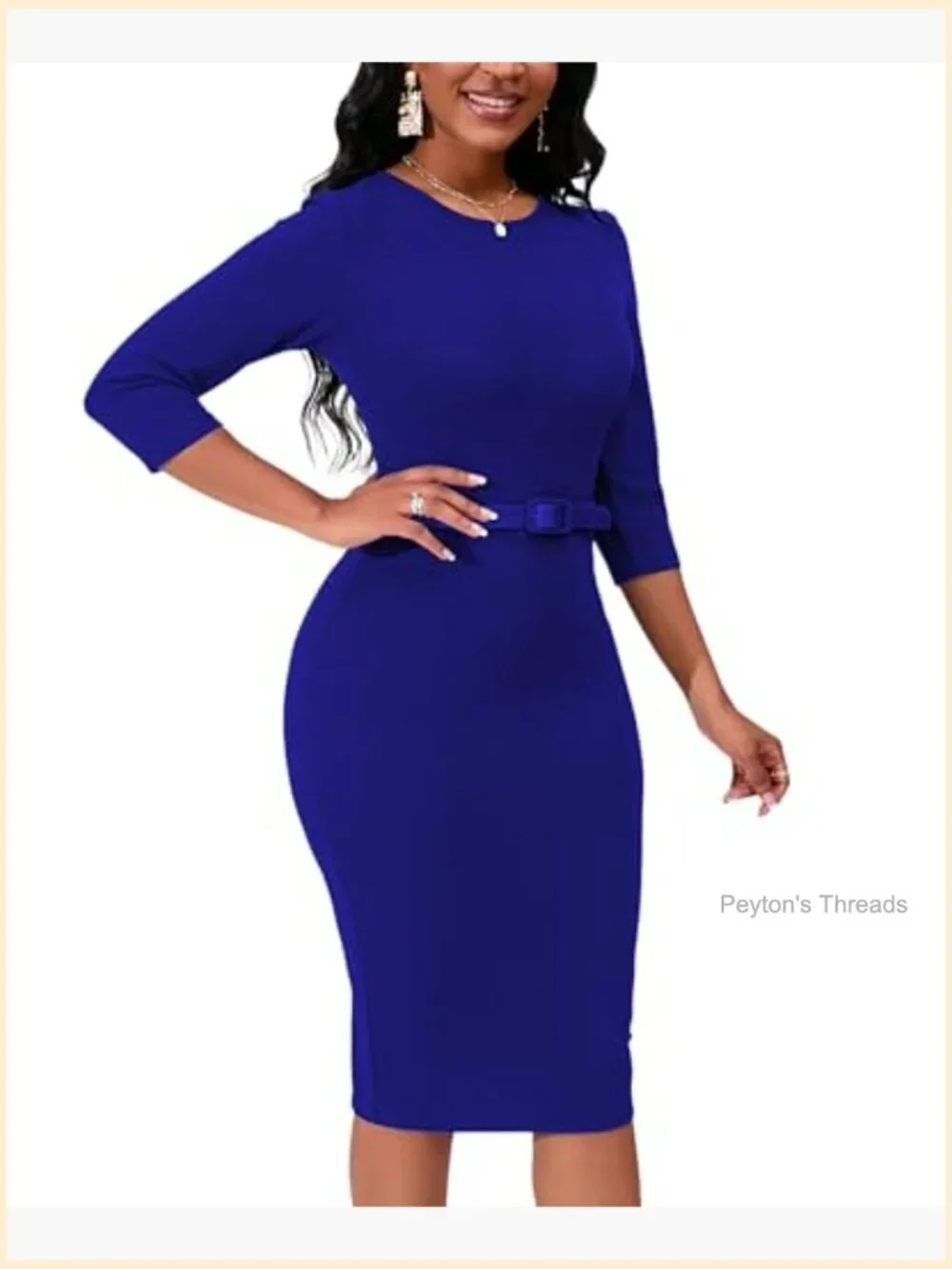 3/4 Sleeve Bodycon Pencil Midi Dress with Belt Crew Neck